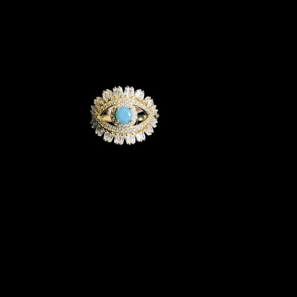 Gold Plated 925 Sterling Evil Eye Ring Turquoise Crystal Adjustable Boho Jewelry - Picture 4 of 5